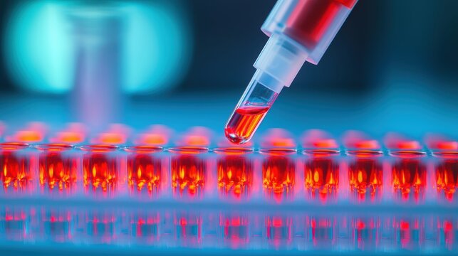 Close-Up View of Pipette Dropping Red Liquid into Laboratory Test Tubes, Scientific Research in Laboratory Environment with Blue Lighting