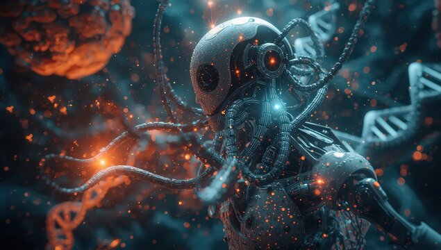 Futuristic robot with cables and dna strands floating in a dark and particle filled environment