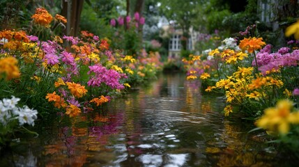 Fototapeta premium Serene Stream Surrounded by Colorful Flowers in a Tranquil Garden