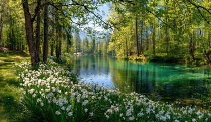 Serene lake surrounded by trees and flowers