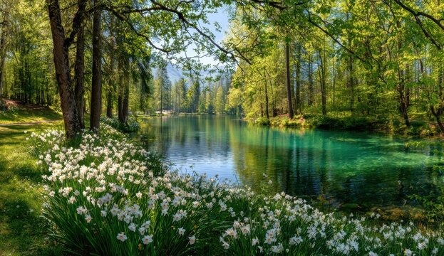 Serene lake surrounded by trees and flowers