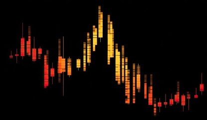 A dynamic stock chart with a series of vertical bars in shades of orange and red, showing price fluctuations against a black background.