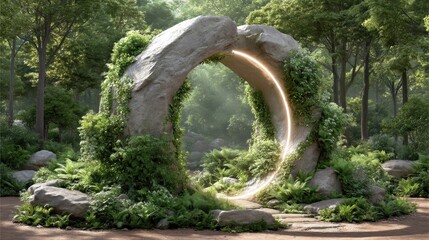 A fantasy stone portal covered in vines and glowing with mystical energy, opening into another dimension in a magical forest world.