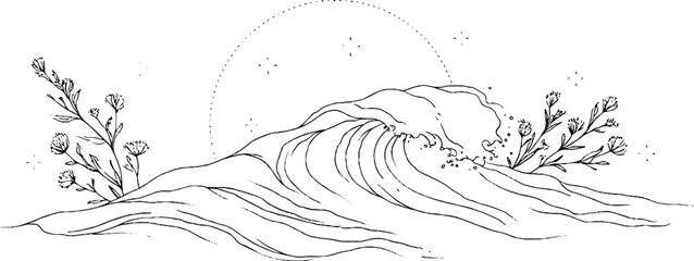 Fototapeta premium Minimalist line art of abstract waves with floral accents for elegant design