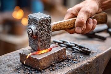 A blacksmith hammers red-hot metal on an anvil inside a forge, showcasing strength, tradition, and manual craftsmanship.
