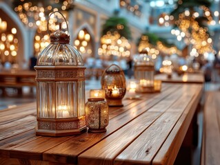 Wooden table with bokeh effect background featuring ornate lamps and pointed arches, symbolizing Islamic architecture and festive evening gatherings.