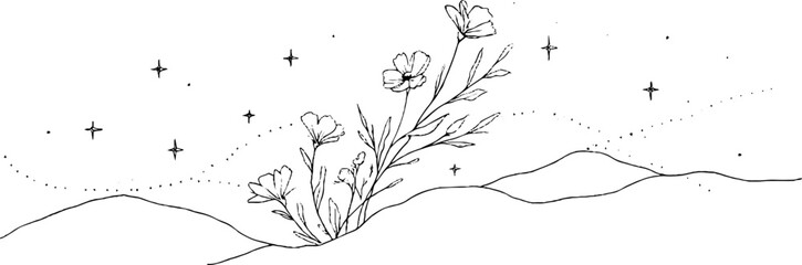 Minimalist linear art with floral border and dotted line for aesthetic design
