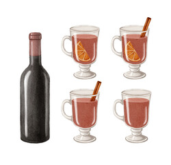 Watercolor christmas illustration with glint wine. Hand painted wine glass with glint wine, tangerine and cinnamon sticks isolated on white background. Holiday cards