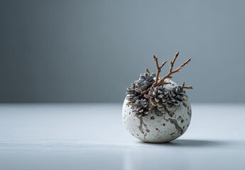 A light gray, speckled orb vase holds a cluster of small, light gray pine cones and dried twigs