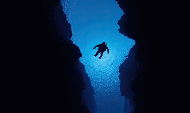 Silhouette of diver in deep blue underwater canyon - Powered by Adobe