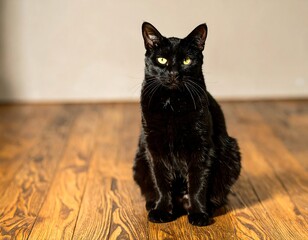 Black cat sits on wooden floor
