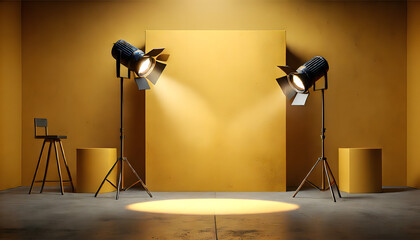 yellow background with a spotlight and a studio setup