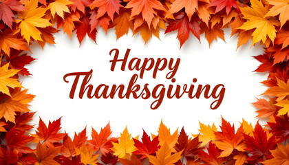 Bold “Happy Thanksgiving” Text Framed by Autumn Leaf Border Red Cursive Font on White Background with Vibrant Fall Colors Festive Seasonal Greeting Celebrating Gratitude and Togetherness