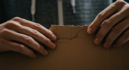 Hands Tearing Brown Cardboard Under Dark, Dramatic Lighting