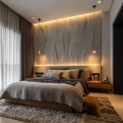 Condo bedroom with feature wall and layered lighting