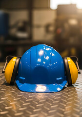 Blue Hard Hat and Yellow Ear Defenders on Metal Surface