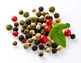 Assorted peppercorns with basil leaves on white background