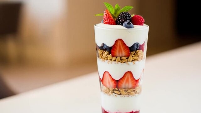 A glass parfait layers of yogurt granola berries and topped with mint sits on a white surface blurred background