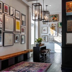 Condo foyer with statement lighting and gallery wall