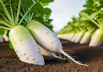 Close-up of fresh white radishes growing in soil vegetables