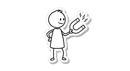 Smiling Stick Figure Holding Powerful Magnet, Attraction Concept Illustration.
