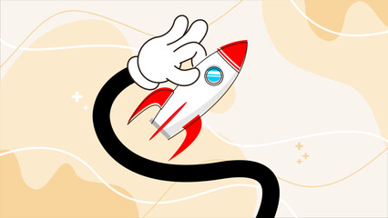startup development, strategy or procedure to build startup, hand retro cartoon with startup rocket vector illustration, business presentation material