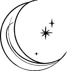 Crescent moon and stars minimalist line art, boho logo tattoo aesthetic design.
