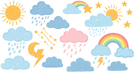 Obraz premium Whimsical weather illustration featuring suns, clouds with rain, rainbows, lightning bolts, and shooting stars on a white background.