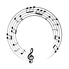 Music notes background, round musical frame, vector illustration.