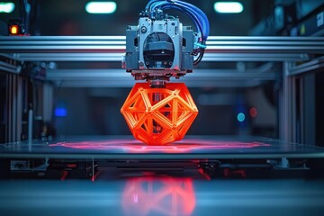 3D printer creating an orange geometric object