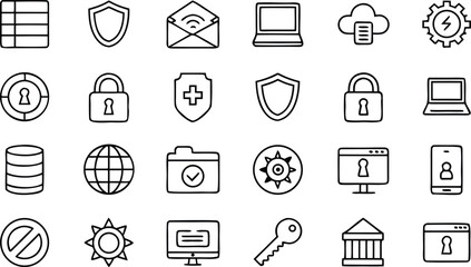 Cyber security icons set contains such icons as security, lock, safety, password, protection, virus, data, shield, etc