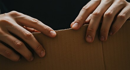 Hands Tearing Corrugated Cardboard in Dark Studio with Soft Light