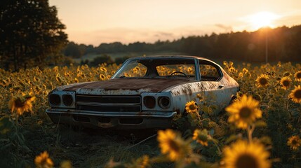 Rusty muscle car abandoned in sunflower field during golden hour