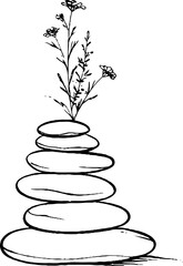 Harmony and balance: minimalist line art of stacked river stones and delicate flowers