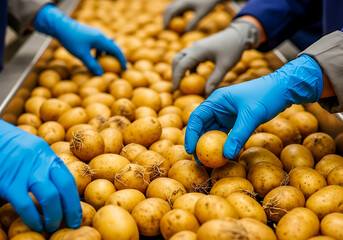 Hands in Blue Gloves Sorting Fresh Potatoes in a Tray