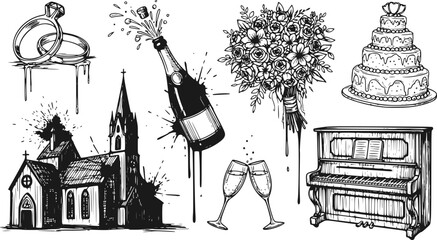 Set of Hand Drawn Wedding Illustrations with Rings, Champagne, Cake, Bouquet, Church, Piano and Glasses. Vector Wedding Elements for Invitations, Cards and Posters