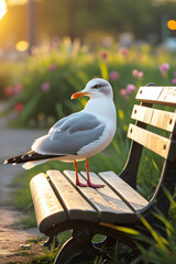 Seagull Perched on Park Bench at Sunset – Urban Wildlife in a Peaceful Garden