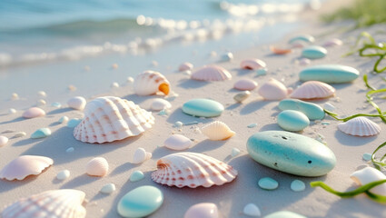 Pastel Seashells on Sandy Beach Shore – Coastal Summer Scene