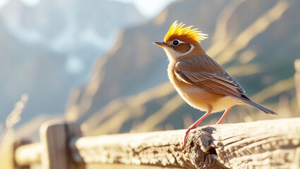Crested Songbird on Alpine Fence at Sunrise – Mountain Wildlife Photo