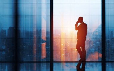Fototapeta premium Silhouette of a businessman talking on a phone by a large window overlooking a city