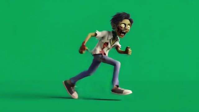 Animated zombie with blood running on a green screen background in a cartoon style running fast green screen video