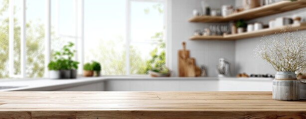 Blurred, light-filled kitchen with a wooden table