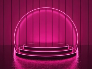 Pink Neon Podium with Wooden Backdrop Product Showcase Presentation Space