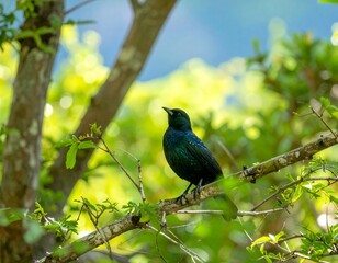 Bird perched on branch in lush foliage