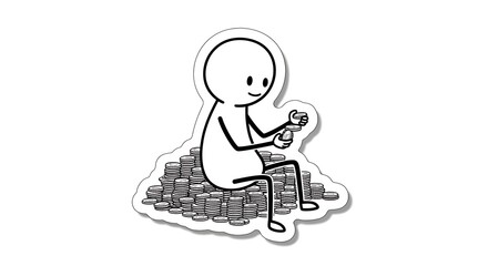 Fototapeta premium Happy Stick Figure Sitting Atop Pile of Coins, Counting Money, Success Concept.