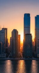 Obraz premium Golden Hour Cityscape: Skyscrapers Silhouetted Against a Fiery Sunset Sky