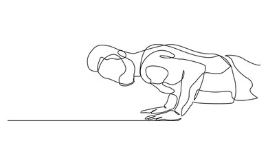Continuous line drawing of sporty man push up work out. Single line art of gym fitness and healthy life style. Vector illustration