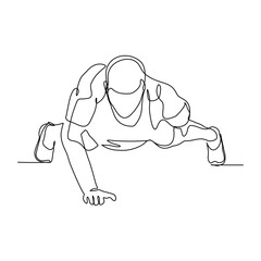Continuous line drawing of sporty man push up work out. Single line art of gym fitness and healthy life style. Vector illustration