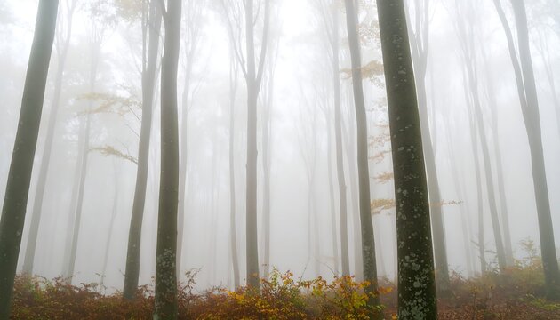 Misty autumn forest, tall trees