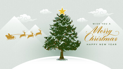 Merry Christmas and Happy New Year. Vector illustrations for greeting card, party invitation card, website banner, social media banner, marketing material. Christmas Tree, Santa Claus, Star, Text